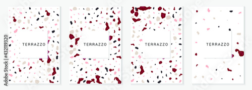 Bright Terrazzo Wall Vector Set Background. Mosaic Ceramic Tile Texture. Indigo and Beige Granite Postcard.