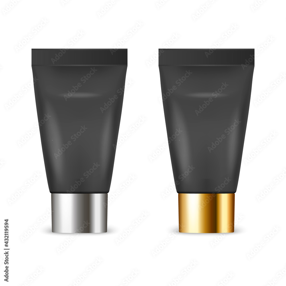 Vector 3d Realistic Plastic, Metal Black Tooth Paste, Cream Tube, Packing, Golden, Silver Lid Set Isolated on White Background. Design Template of Toothpaste, Cosmetics, Cream for Mockup. Front View Vector 3d Realistic Plastic, Metal Black Tooth Paste, Cream Tube, Packing, Golden, Silver Lid Set Isolated on White Background. Design Template of Toothpaste, Cosmetics, Cream for Mockup. Front View