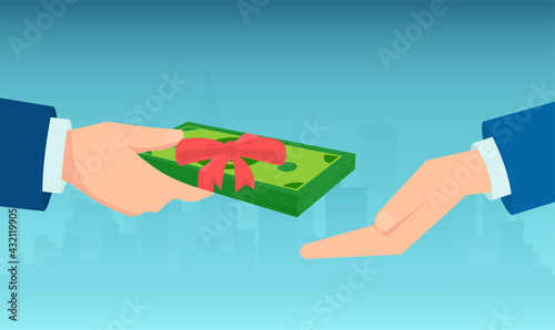 Vector of a business man hand giving banknotes cash with reward ribbon to an employee
