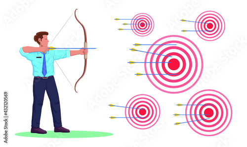 Businessman archer with bow, arrows and target flat vector illustration.
