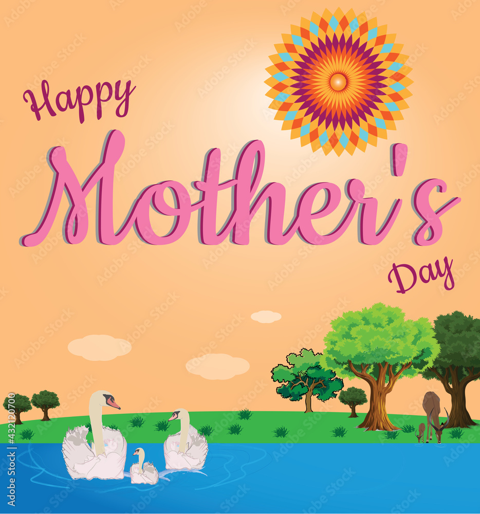 Happy Mother's Day landscape bright illustration with mother and children swan and deer. Mother's Day floral art.