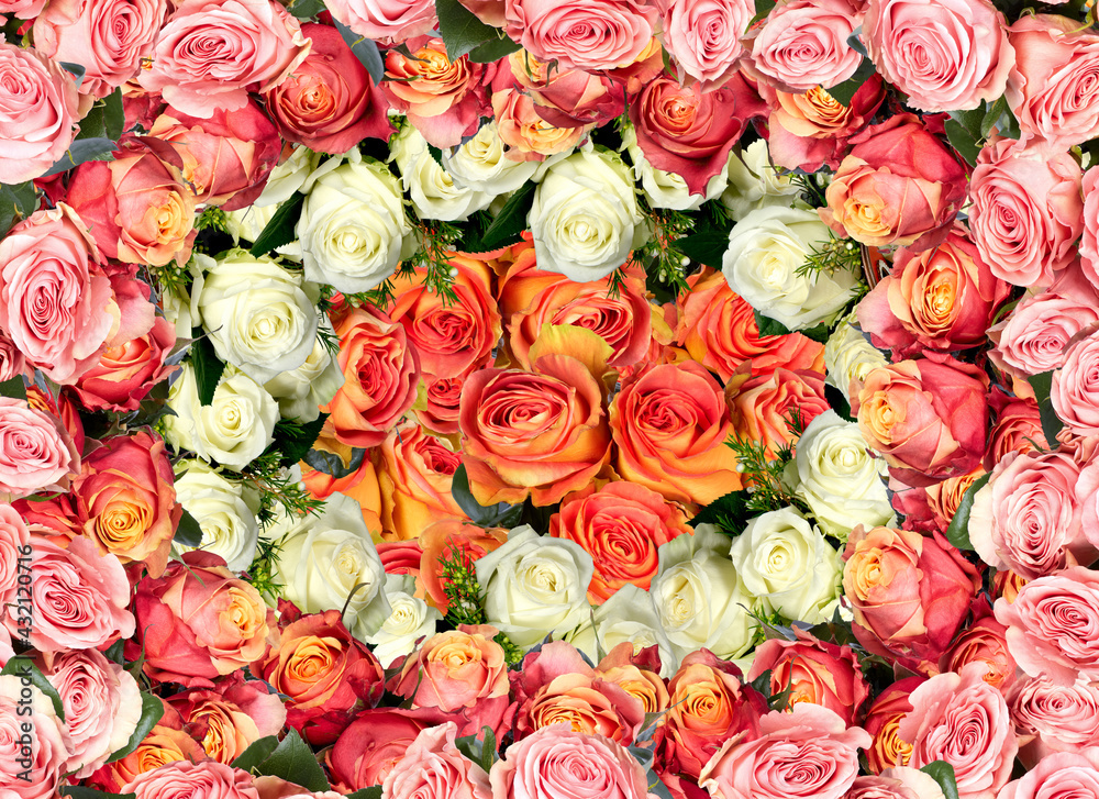 bouquet of roses multicolored texture​ beautiful isolated on white​ background with​ clipping path​