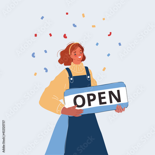 Vector illustration of Small Business owner woman with Open sign on white background.