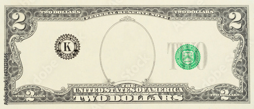 Blank sample of US two dollar banknote with empty middle area, front side. Blank obverse side two dollar bill for design purposes. Mock-up with an empty portrait frame.