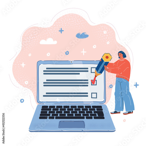 Vector illustration of woman passes the test at laptop, passing exam