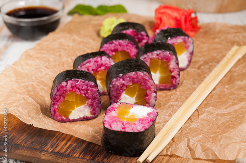 pink rolls with takuan and cream cheese