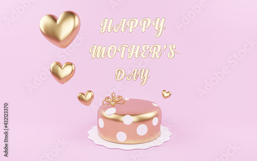 Happy mothers day golden cake  background with golden hearts,  mom text, copy space text, 3D illustration.