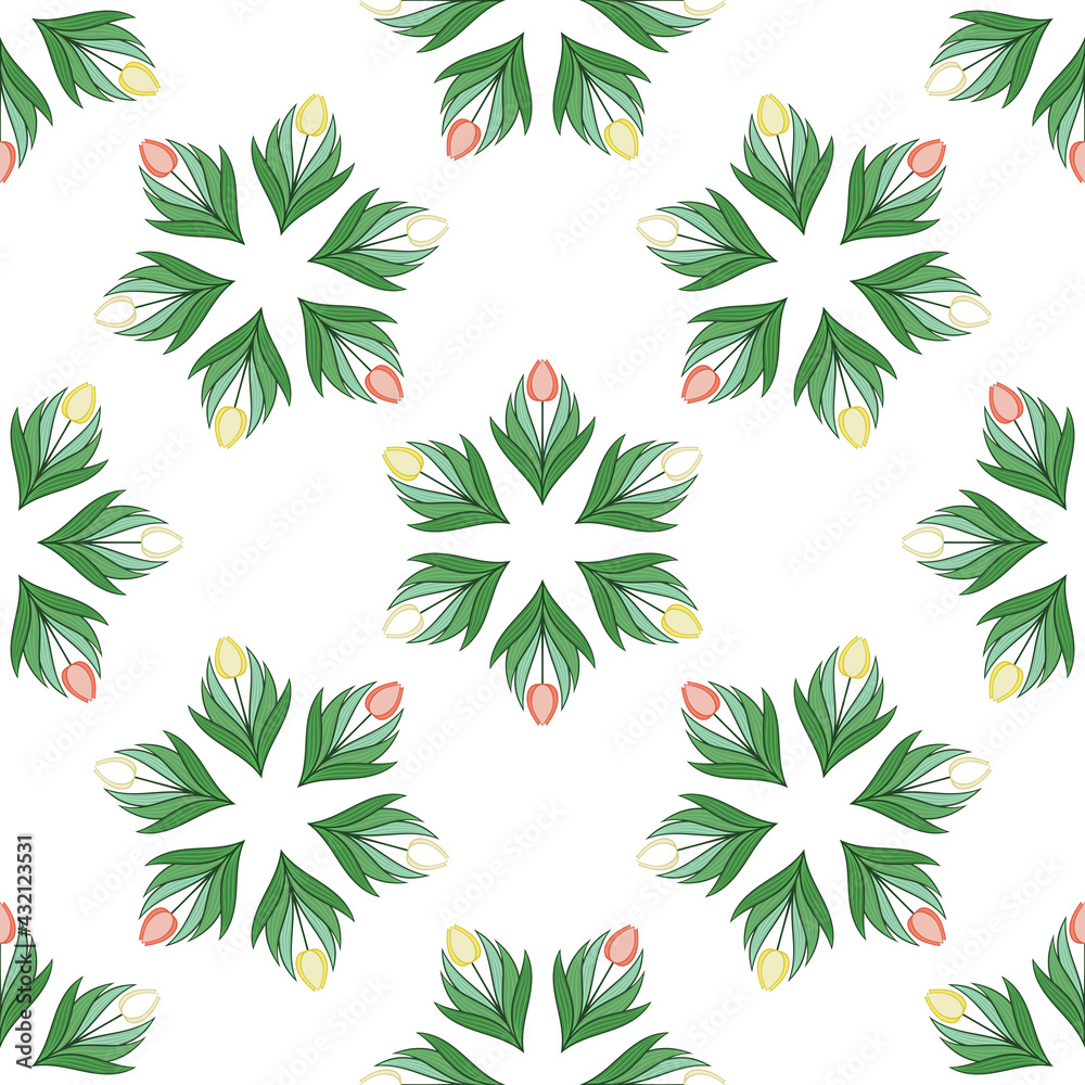 Seamless pattern with tulips in flat modern style. Design from multi-colored tulips in Damascus style. Vector illustration