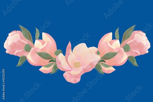 Compositions of pink magnolia flowers and green leaves with a golden outline  for decoration and decoration of wedding printing