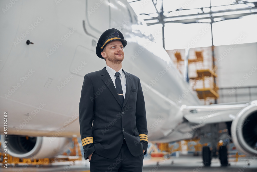 profesol confident pilot is checking plane in hangar profesol confident pilot is checking plane in hangar