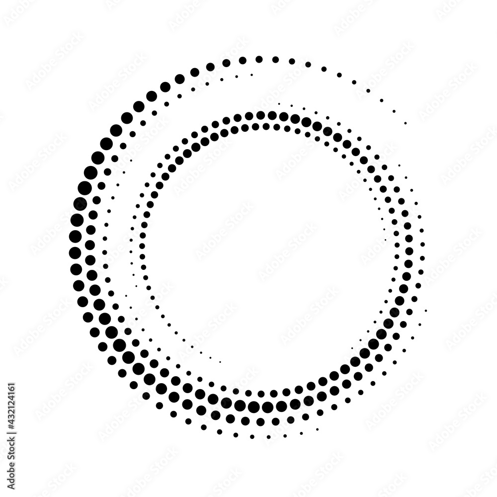 Circle border with effect halftone. Circular dot frame. Modern faded ring. Semitone shape round. Point sphere boarder. Dotted geometric pattern. Graphic small dots element for design prints. Vector