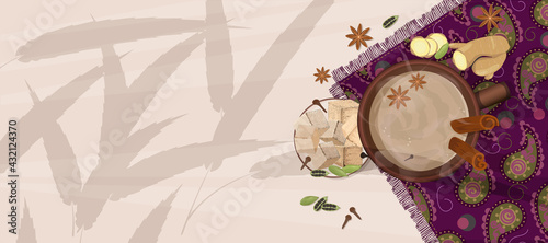 Traditional Indian tea masala on napkin with an Indian ethnic pattern and spices. Top view of cup of hot tea on light background with shadows from bamboo leaves. Vector illustration with copy space.