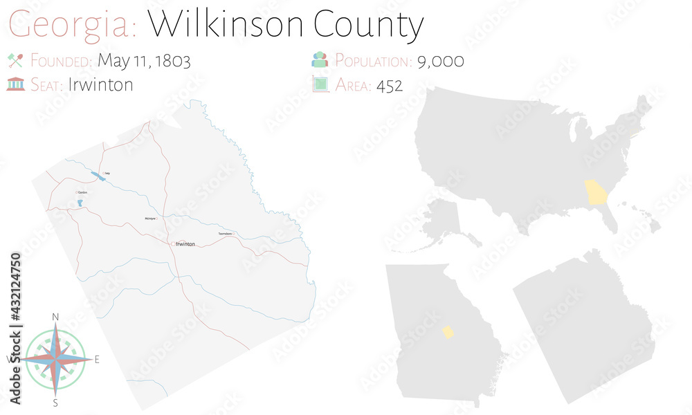 Large and detailed map of Wilkinson county in Georgia, USA.