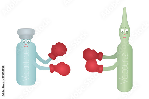 Vaccine. Vial and ampoule. Duel of coronavirus vaccines. Colored vector illustration. Vaccines put on boxing gloves and wrestle. Two glass containers with medicine. Flat style. Difficult choice. 