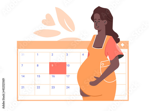 Pregnancy management. Determination of the expected day of birth. Cute pregnant mom and a calendar. Vector flat illustration.
