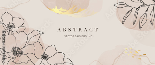 Abstract art background vector. Luxury minimal style wallpaper with golden line art flower and botanical leaves, Organic shapes, Watercolor. Vector background for banner, poster, Web and packaging.