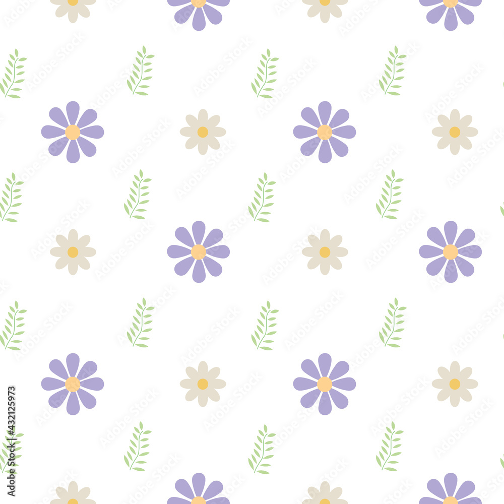 Vector seamless floral pattern of daisies. White and purple flowers with green leaves on a transparent background.