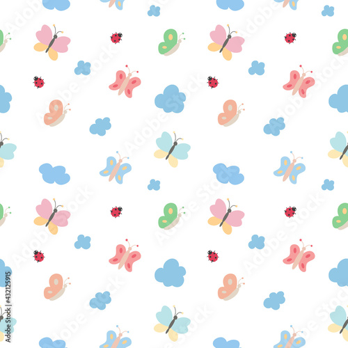 Vector seamless children's pattern of multicolored butterflies, ladybirds and blue clouds on a transparent background