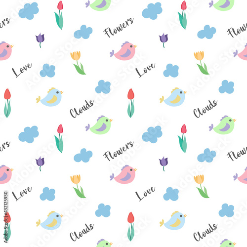 Vector seamless childish pattern of colorful birds, colorful tulips and blue clouds on a transparent background with the words "Love, Clouds, Flowers"