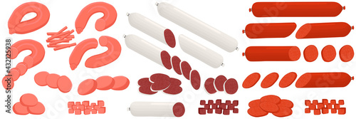 Illustration on theme big set different types delicatessen meat sausages
