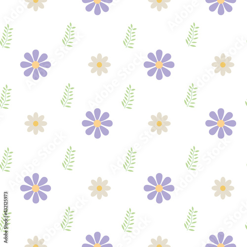 Vector seamless floral pattern of daisies. White and purple flowers with green leaves on a transparent background.