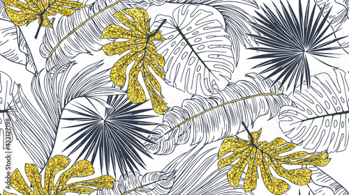 Seamless pattern with banana and golden palm leaves in vector