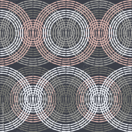 Fototapeta Naklejka Na Ścianę i Meble -  Shapes made of curved stripes. Mosaic with geometric shapes. Seamless pattern. Design with manual hatching. Textile. Ethnic boho ornament. Vector illustration for web design or print.