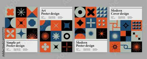 Abstract swiss geometric posters. Brutalism bold shapes web banner, poster design, print, postmodern bauhaus vector art photo