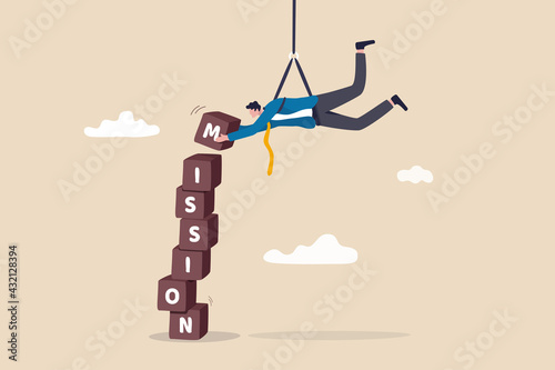 Business mission, leadership skill to achieve target and overcome work obstacle or motivation to do impossible thing concept, skillful businessman hanging from above manage to complete mission blocks.
