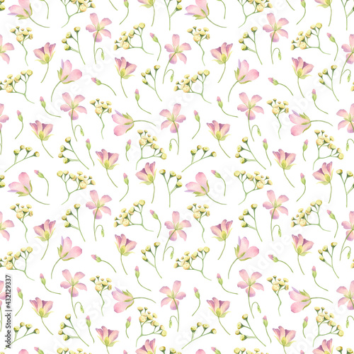 Watercolor seamless pattern with wildflowers. The pattern is ideal for printing on fabric or paper.