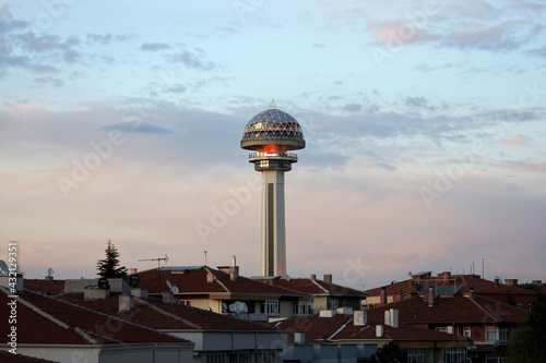 Atakule landmark of Cankaya, Ankara Turkey, atakule monument in cloudy day. photo