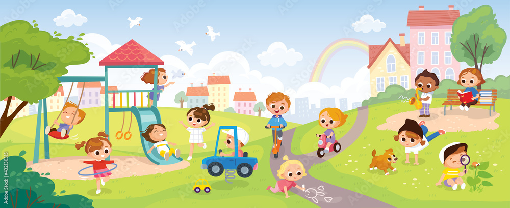 Obraz premium Children playing in the park. Playground with kids. Group of kids playing on playground spending time in games, having fun, fooling around. Summer activities. School yard with kids. Summer background.
