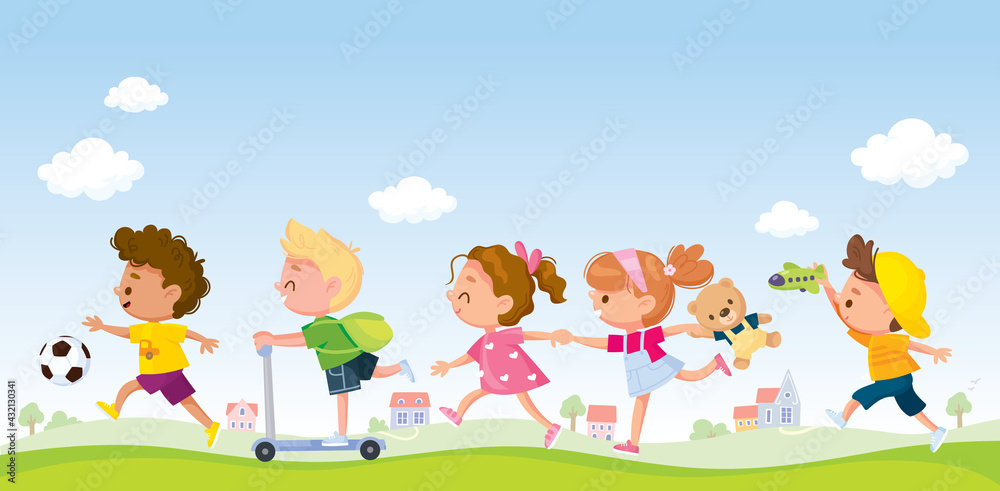 Children running one after another by pathway. Kids rush somewhere in group in line with toys and playthings. Kids walking by track. Girls runs holding arms. Boy ride scooter. Friends on outside walk. Children running one after another by pathway. Kids rush somewhere in group in line with toys and playthings. Kids walking by track. Girls runs holding arms. Boy ride scooter. Friends on outside walk.