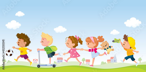 Children running one after another by pathway. Kids rush somewhere in group in line with toys and playthings. Kids walking by track. Girls runs holding arms. Boy ride scooter. Friends on outside walk.