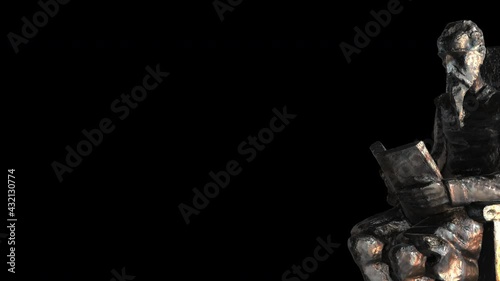 Don Quixote of La Mancha reads a book-Dx - Metal detail - 3d model animation on a black background photo