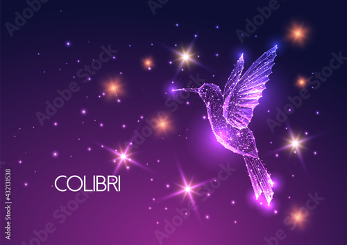 Futuristic glowing low polygonal flying colibri bird, hummingbird