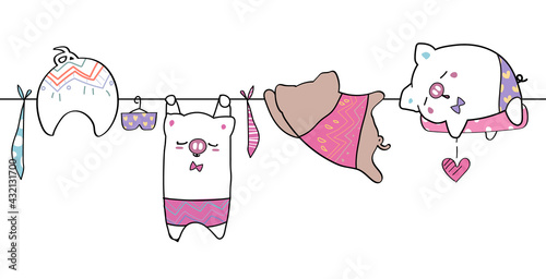 Cute hand drawing funny wild animal parade greeting card cartoon doodle wallpaper