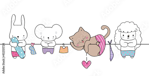 Cute hand drawing funny wild animal parade greeting card cartoon doodle wallpaper