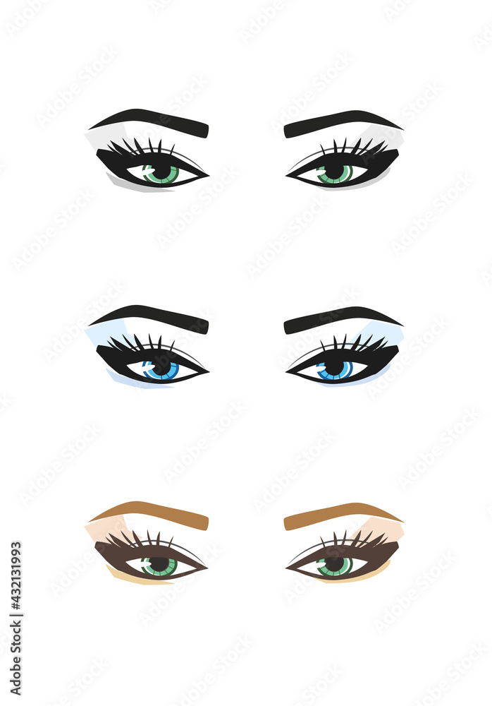 Set of different colors female eyes with long lashes and make up. Set of different colors female eyes with long lashes and make up.