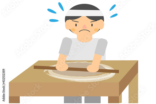 蕎麦職人が蕎麦を伸ばしている