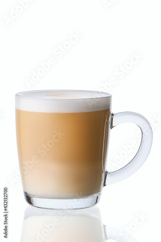 Cup of hot frappuccino in transparent glass isolated on white
