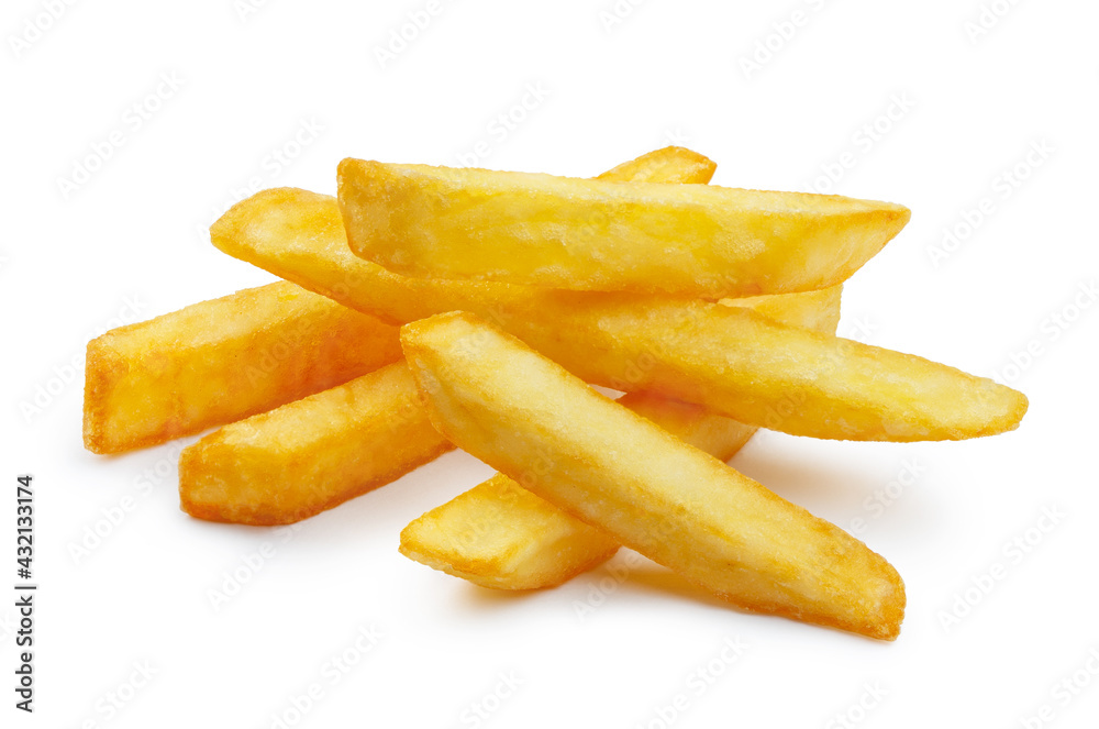 Heap of tasty potato fries, isolated on white background Heap of tasty potato fries, isolated on white background