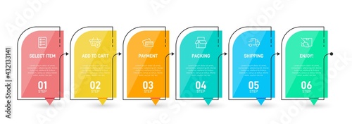 Concept of shopping process with 6 successive steps. Six colorful graphic elements. Timeline design for brochure, presentation, web site. Infographic design layout.