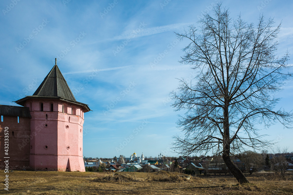 Red observation tower of Saint Euthymius monastery, lonely tree and panorama of Suzdal in middle april, Russian heritage architecture. Golden Ring of Russia Red observation tower of Saint Euthymius monastery, lonely tree and panorama of Suzdal in middle april, Russian heritage architecture. Golden Ring of Russia
