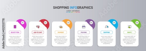 Concept of shopping process with 6 successive steps. Six colorful graphic elements. Timeline design for brochure, presentation, web site. Infographic design layout.