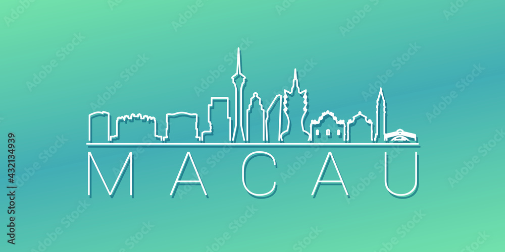 Macao Skyline Linear Design. Flat City Illustration Minimal Clip Art. Background Gradient Travel Vector Icon.