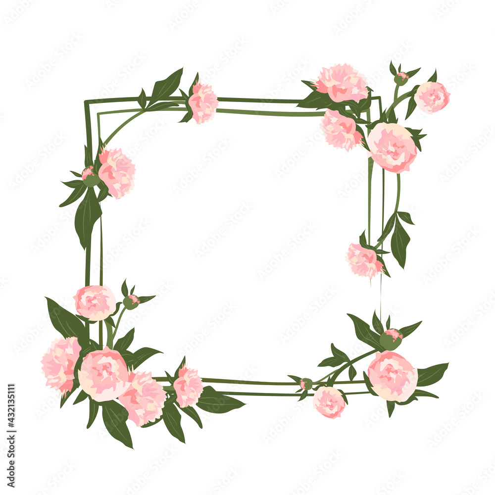 Peony wreath. Square frame, cute pink flowers and leaves. Spring pink blooming composition with buds. Holiday decorations for wedding, holiday, postcard, poster and design