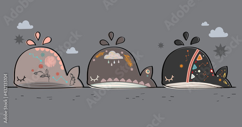 Abstract line pop art collection Bohemian style with whales cartoon elements
