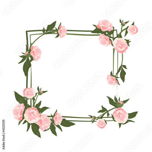 Peony wreath. Square frame, cute pink flowers and leaves. Spring pink blooming composition with buds. Holiday decorations for wedding, holiday, postcard, poster and design