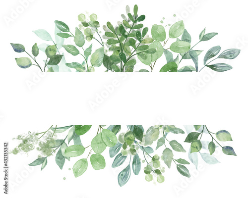 Leaves frame border. Watercolor hand painting floral geometric background. Leaf, plant, branch isolated on white.